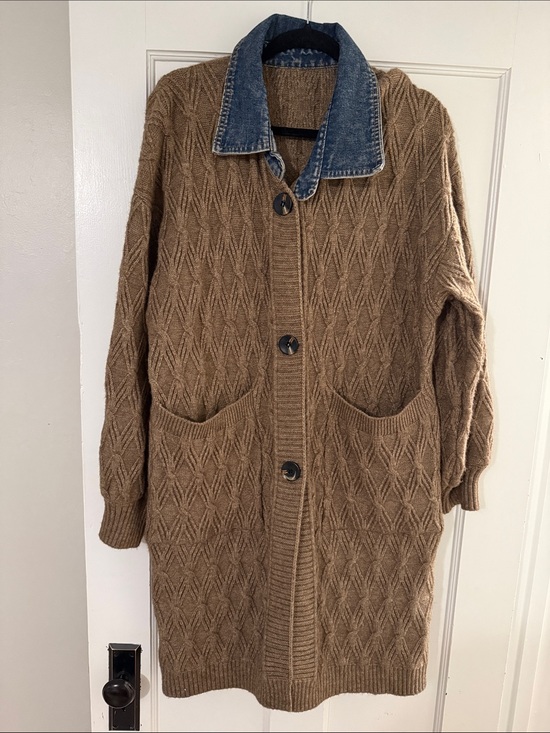 Sweaters - Button-Front Long Knit Cardigan with Denim Collar - Brown